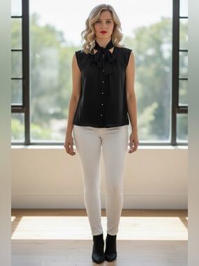 CHANEL Black Sleeveless Bow-Tie Button Front Blouse